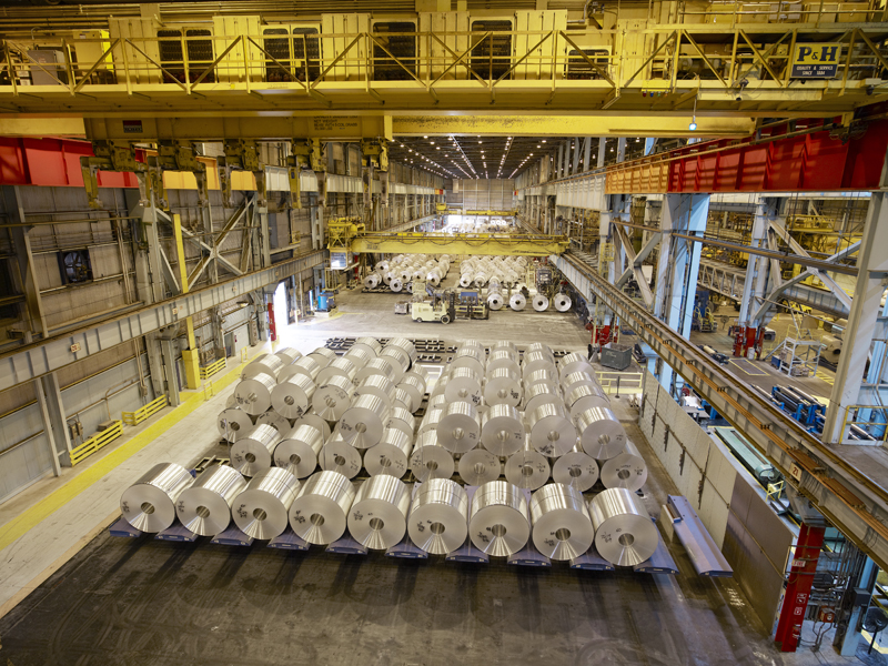 Coils of aluminum awaiting processing at Novelis plant in Oswego, NY